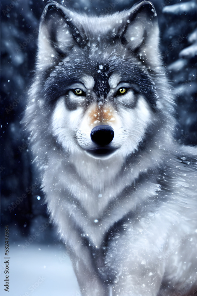 A magnificent wolf in a snowy winter forest. 