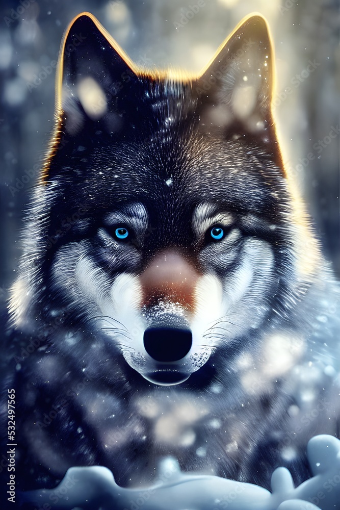 A magnificent wolf in a snowy winter forest. 