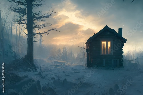 A cabin standing alone in the winter woods. 