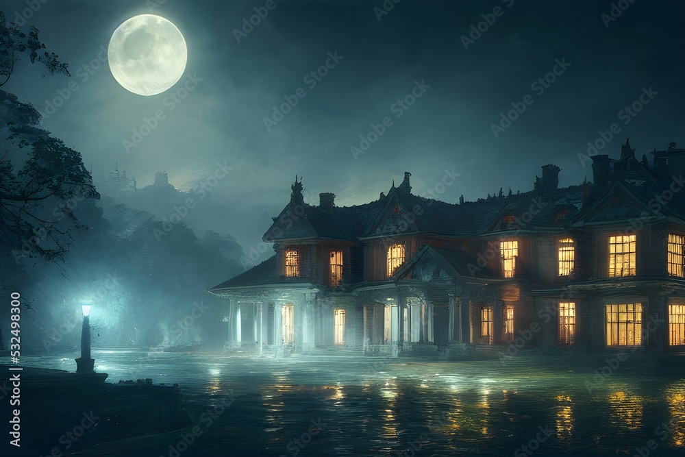 Obraz premium Full moon shines over a creepy haunted house. 