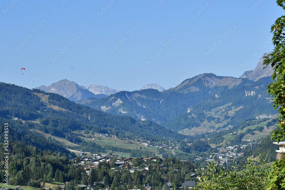 Magnificent view on the panorama over the valley of Megève ski resort in the french alps in summer.