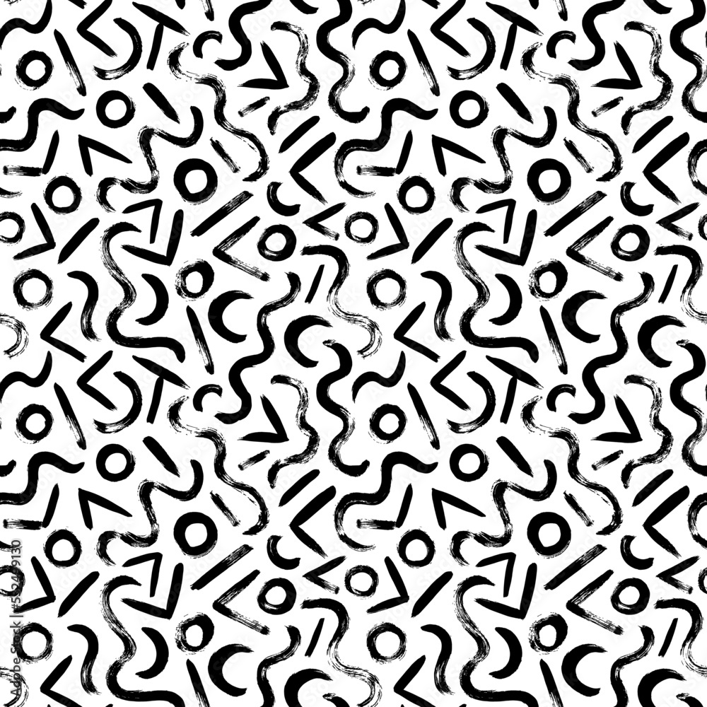 Simple geometric figures vector seamless pattern. Organic grunge squiggle lines, triangles and circles. Biological motif, memphis ornament. Abstract ornament. Black paint dry simple brushstrokes. 
