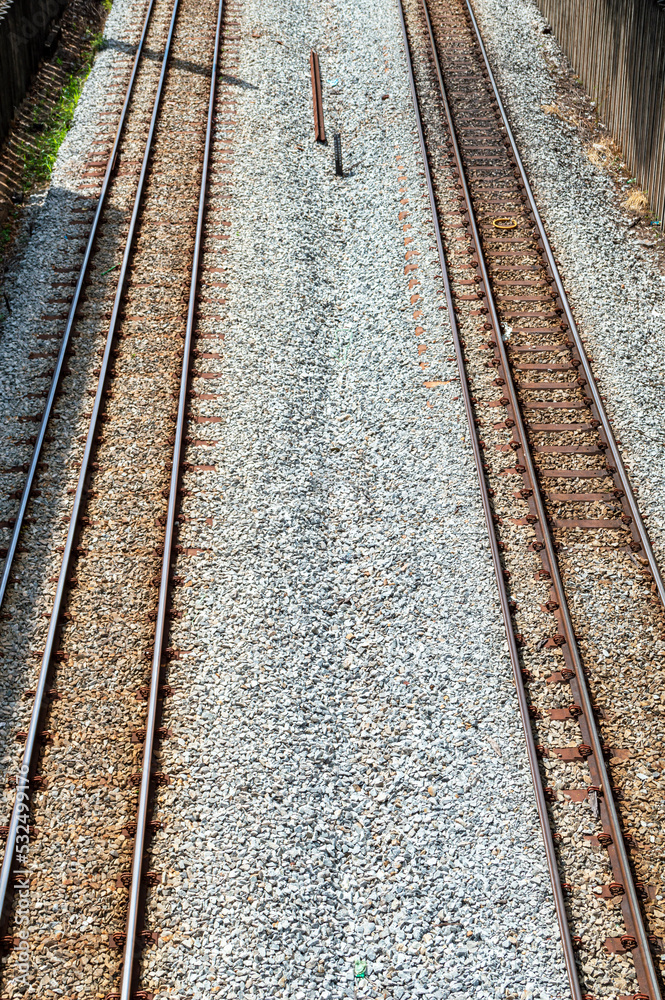 Railroad tracks in the city of Belo Horizonte. Stone pavement. 