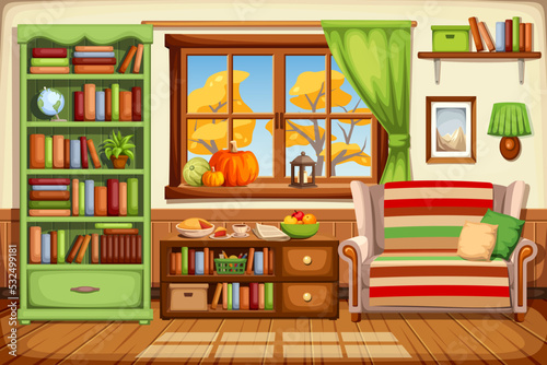 Cozy autumn living room interior with a sofa, a bookcase, and autumn trees outside the window. Cartoon vector illustration