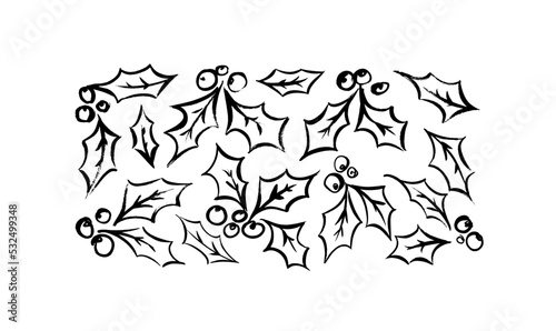 Hand drawn holly berries and leaves collection. Christmas botanical elements isolated on white background. Winter sketched holly leaves. Modern style. Decorative winter brush-drawn vector elements.