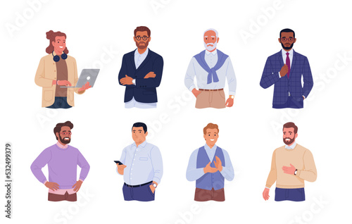 Collection of male avatars of businessmen and office employees. Close-up vector cartoon illustration of men of different ages and ethnicities in office outfits. Isolated on white background