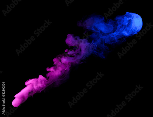 Swirling neon colored smoke puff cloud isolated on black background
