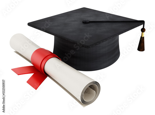 Mortar board and diploma on transparent background.