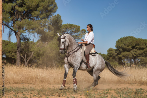 Foto Beautiful young woman performing cowboy dressage exercises, riding her horse in the countryside on a sunny day