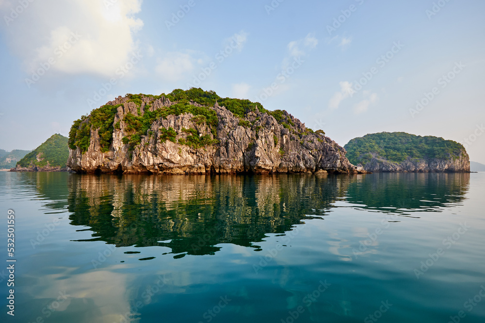 stone islands in the azure sea. beautiful natural background. rocky islands in Vietnam.