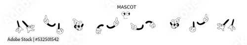 Vintage cartoon hands in gloves. Cute animation char acter body parts. mascot Comics arm gestures . Different movements and positions! vector set.