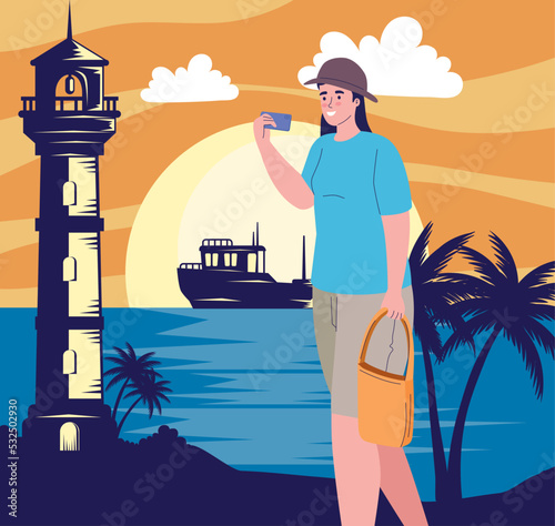 female traveler with smartphone seascape