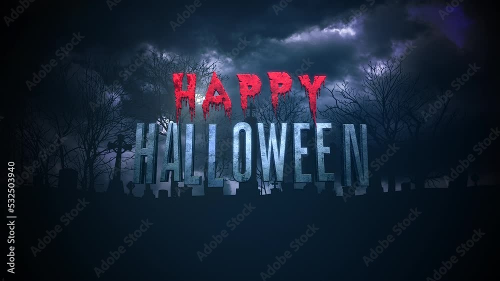 Happy Halloween on night landscape with mystical clouds and grave on cemetery, motion horror, mystical and Halloween style background