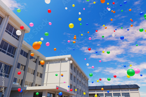 青空に飛翔する無数の風船と学校の校舎 / 文化祭・学園祭・秋のイベント・青春とノスタルジーのコンセプトイメージ / 3Dレンダリング
