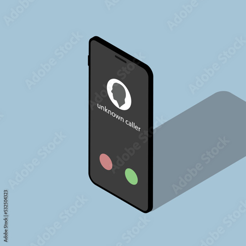 Isometric phone. 3D smartphone. Businessman. Phone call. Incoming call. A call from an unknown subscriber. Unknown caller. Contact icon on the screen. Blue background.