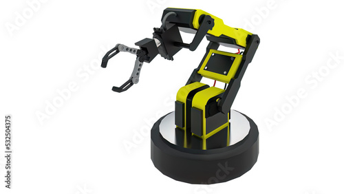3d rendering of yellow robotic arm with black gripper standing on white background.