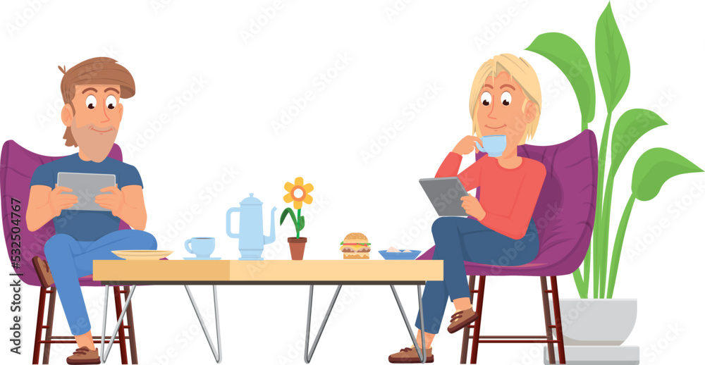 Digital addicts characters. Couple sit at coffee table with gadgets