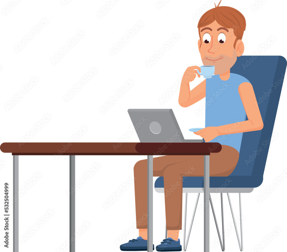 Man drinking coffee and watching laptop. Happy cartoon person Man drinking coffee and watching laptop. Happy cartoon person
