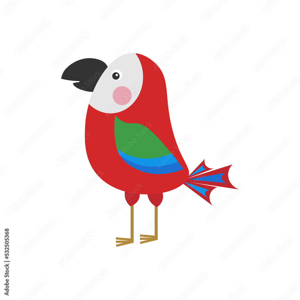 Fototapeta premium Cartoon tropical parrots. Vector illustration isolated on white background. Colorful birds for use in decor, logos, cards, patterns and various designs.