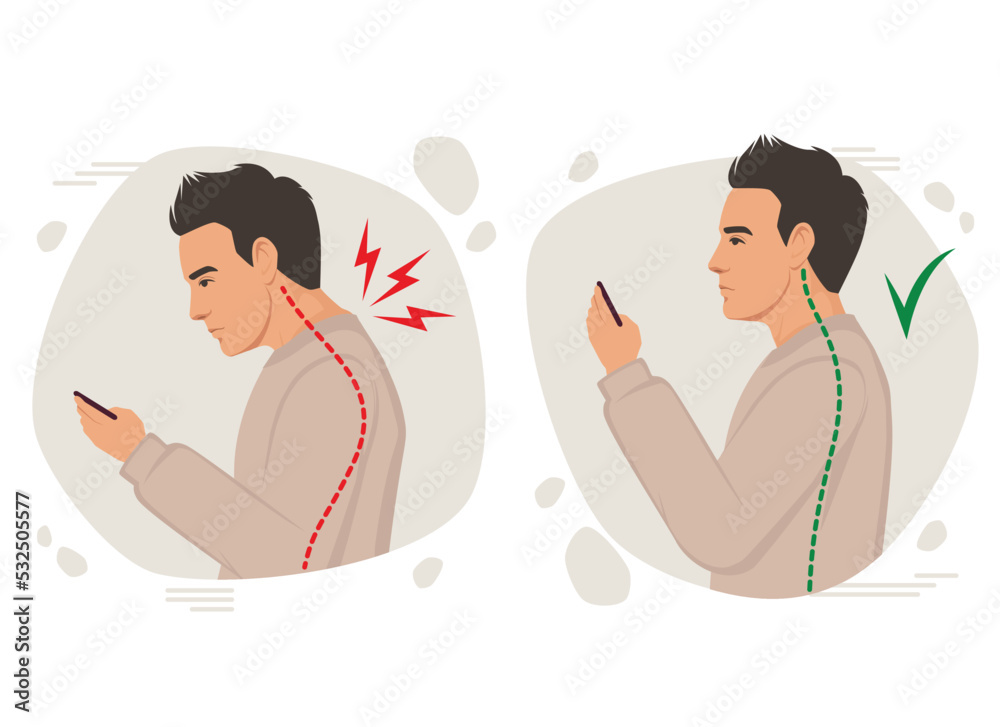Posture man vector illustration, incorrect head angle using phone, bad posture, backache, Shoulder pain, curvature of the spine, Incorrect posture using mobile smart phone flat cartoon style - obrazy, fototapety, plakaty 