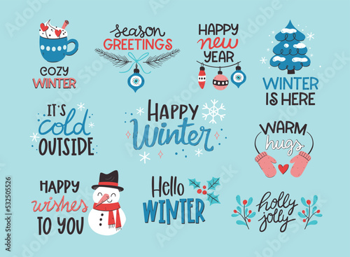 Winter Label Collection. Seasonal decorative sentences isolated on light background. Vector illustration.
