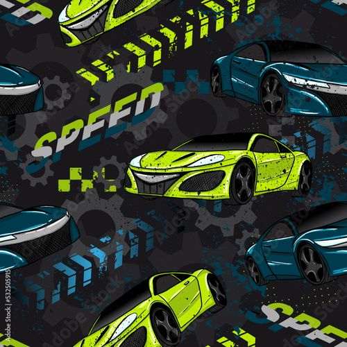 Abstract seamless cars pattern on grunge shape cracked background with shabby texture, arrow, lightning, dots, spray paint, ink. Childish style wheel auto repeated backdrop.