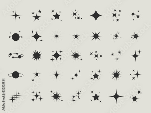 Vector Set of stars modern stars. Sparkle star icon collection. Twinkling stars symbol in black design. Vector illustration. Star vector elements