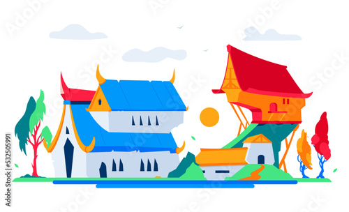 Cathedral and peasant huts - modern flat design style illustration