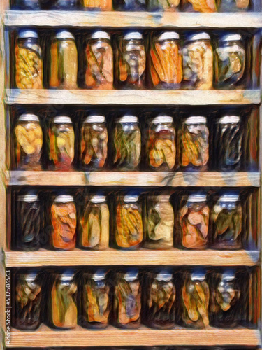Pickled Jars on a shelf with illustrative look.