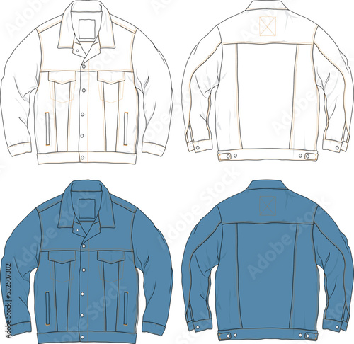 Blank denim jacket flat sketch fashion design mock-up template	
