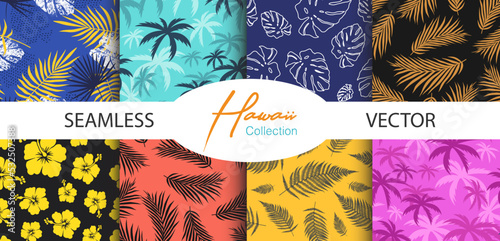 Hawaiian Seamless Pattern Colelction. Boho Bali Style. Flowers Palms Leaves and Monstera. Exotic Tropical Vibes.