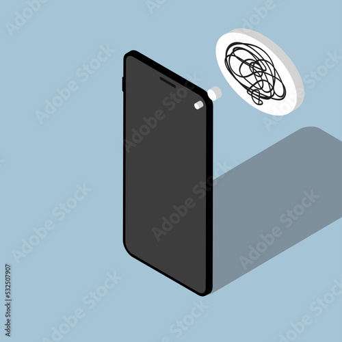 Isometric phone. 3D smartphone. Smartphone and speech bubble. Fault message. Phone problems. Broken phone. Colored illustration on blue background