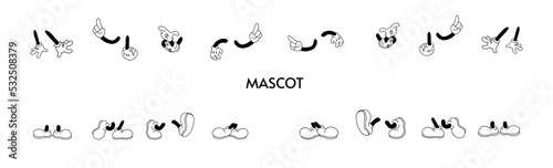 Vintage cartoon hands in gloves and feet in shoes. Cute animation character body parts. Comics arm gestures and walking leg poses set. Different foot movements and positions