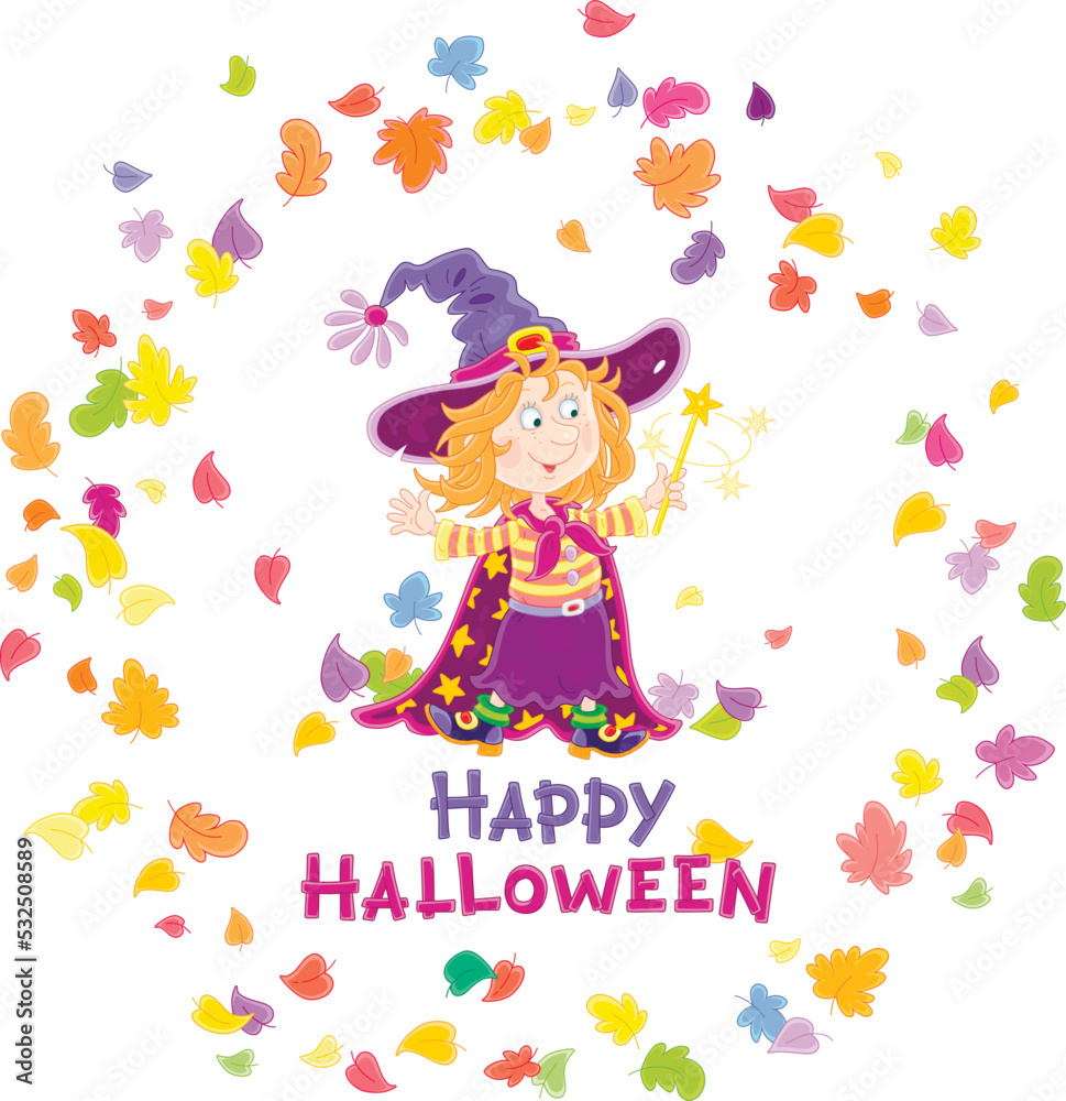 Happy little Halloween witch showing tricks with her magic wand and swirling colorful leaves, vector cartoon greeting card Happy little Halloween witch showing tricks with her magic wand and swirling colorful leaves, vector cartoon greeting card