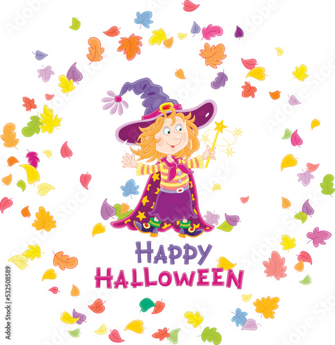 Happy little Halloween witch showing tricks with her magic wand and swirling colorful leaves, vector cartoon greeting card