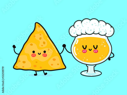 Cute, funny happy glass of beer and nachos. Vector hand drawn cartoon kawaii characters, illustration icon. Funny cartoon glass of beer and nachos mascot friends concept