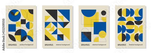 Set of 4 minimal vintage 20s geometric design posters, wall art, template, layout with primitive shapes elements. Bauhaus retro pattern vector background, blue, yellow and black Ukrainian flag colors