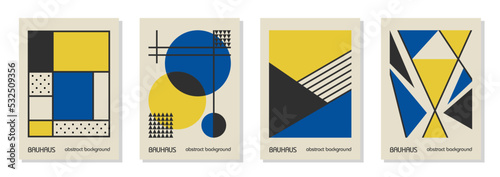 Set of 4 minimal vintage 20s geometric design posters, wall art, template, layout with primitive shapes elements. Bauhaus retro pattern vector background, blue, yellow and black Ukrainian flag colors