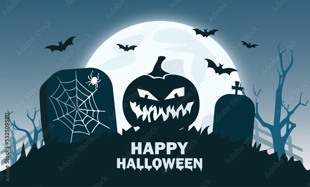 Illustration of vector graphic haloween background banner. Haloween party sign vector cover illustration. Scary pumpkin in the night.