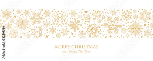 Gold snowflakes falling on white background. Golden snowflakes border with different ornaments. Luxury Christmas garland. Winter ornament for packaging, cards, invitations. Vector illustration