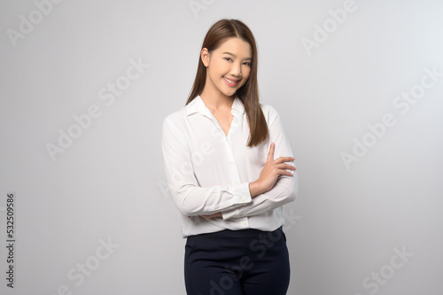 Portrait of beautiful asian woman over white background studio.