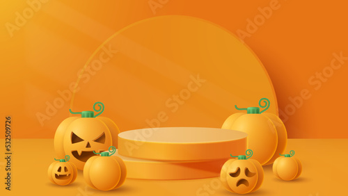 Halloween display podium decoration background with scary ornament. Vector 3D Illustration