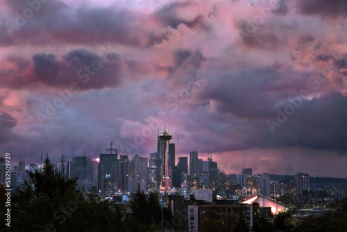 The Seattle Washington skyline on a dark and dreary evening