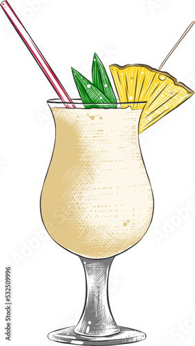 Vector engraved style illustration of Pina Colada for posters, decoration, logo, menu and print. Hand drawn colorful sketch of summer cocktail isolated on white background. Detailed vintage woodcut