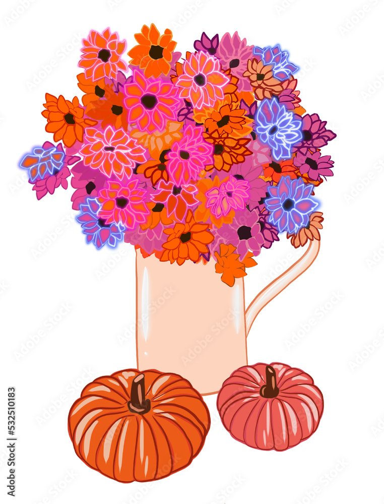 A vase with flowers has pumpkins at the bottom