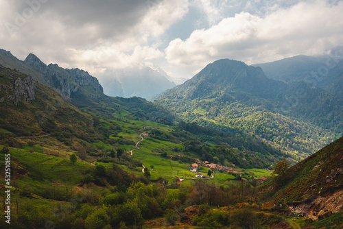 mountain landscape covered by mist in asturias, spain, picos de europa national park