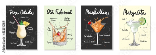 Set of 4 advertising recipe lists with alcoholic drinks and ingredients, cocktails and beverages lettering posters, wall decoration, prints, menu design. Hand drawn vector engraved sketches.