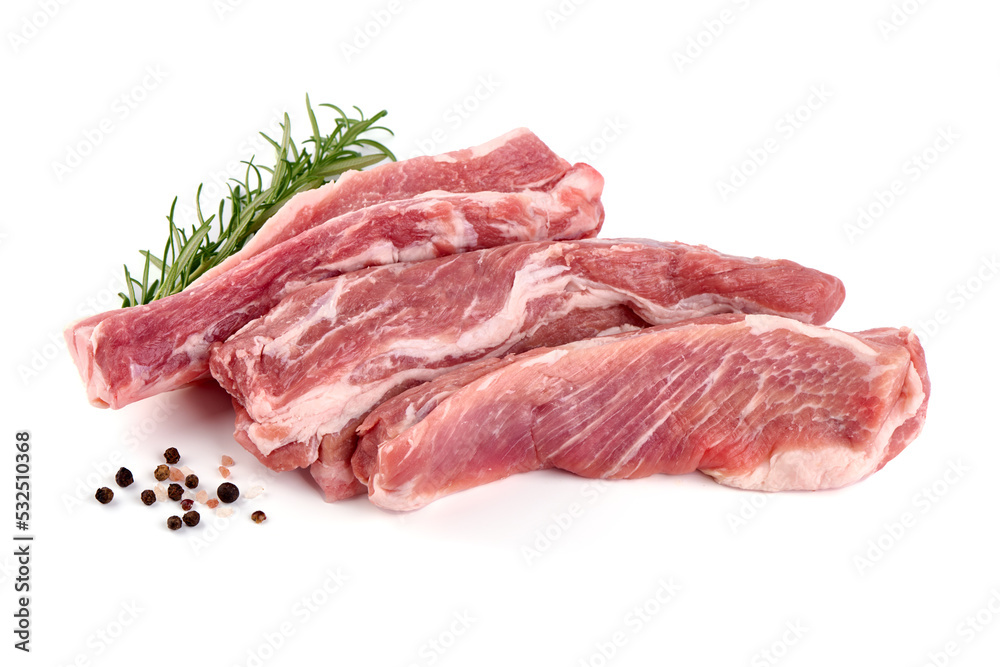 Pork fillet tenderloin with rosemary, raw meat, close-up, isolated on white background. Pork fillet tenderloin with rosemary, raw meat, close-up, isolated on white background.