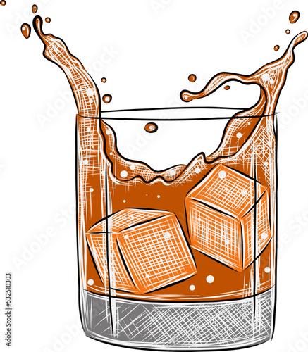 Vector engraved style Scotch Whiskey alcoholic cocktail with ice cubes, splashes illustration for posters, decoration, menu and logo. Hand drawn sketch of drink, beverage isolated on white background.