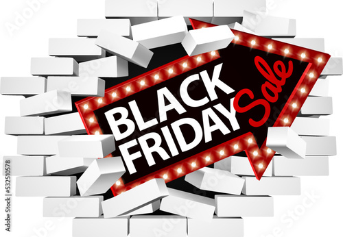 A Black Friday sale sign breaking a brick wall concept